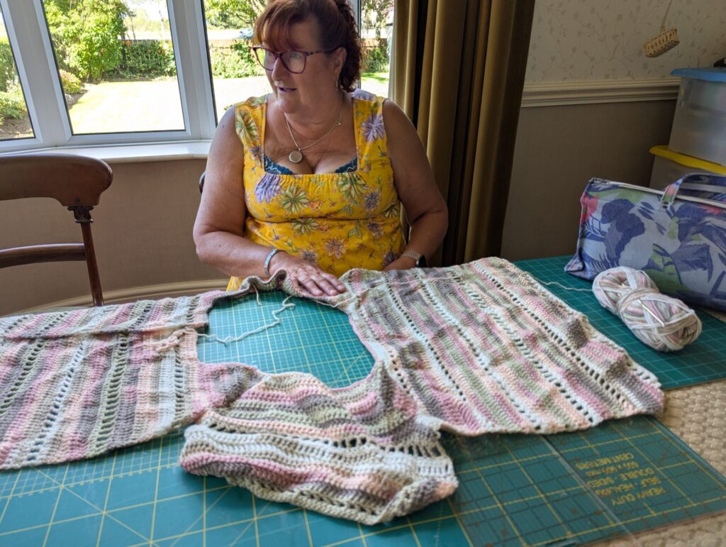 Sandy working on her crotchet top